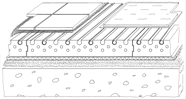 Bodenheizungsverlegung mit Lithotherm: Plan 1
Auf dem Rohboden werden eine Ausgleichsschüttung und eine Weichfasergrundlage aufgebracht. Auf den Lithotherm-Steinen können Fliesen aufgeklebt oder ein Schwimmender Laminatboden