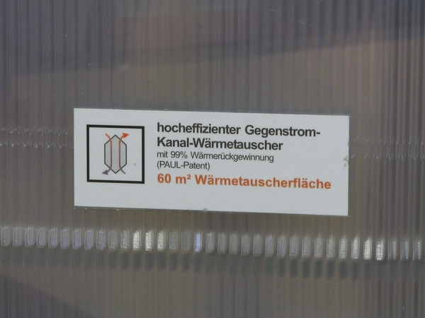 60 squaremeter heat exchanger
Not out of plates, but from channels exists this gegenstrom crosscurrent heat exchanger. The exchange surface is 3 times larger than in usual heat exchangers.