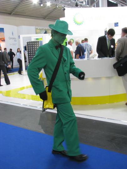 BP greenwashing in perfection
At the BP fair booth at the Intersolar 2010 photovoltaic fair a green actor. The term “greenwaching“ in perfection visualised.